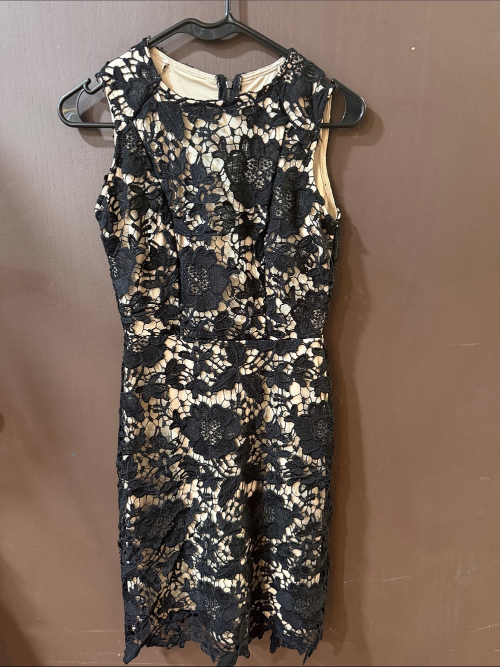 Sleeveless Black Floral Lace Midi Dress with Nude Lining